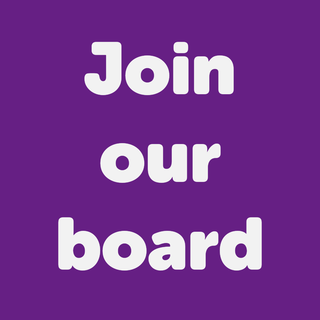 Against a purple background, white text reads: "Join our board"