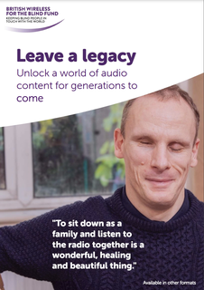A picture of the front cover of BWBF's Gifts in wills information pack, featuring a smiling man and the headline 'Leave a legacy'
