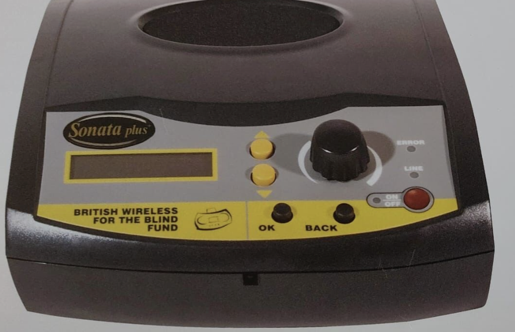 BWBF's Sonata Plus internet radio player. The device is grey and yellow with simple controls.