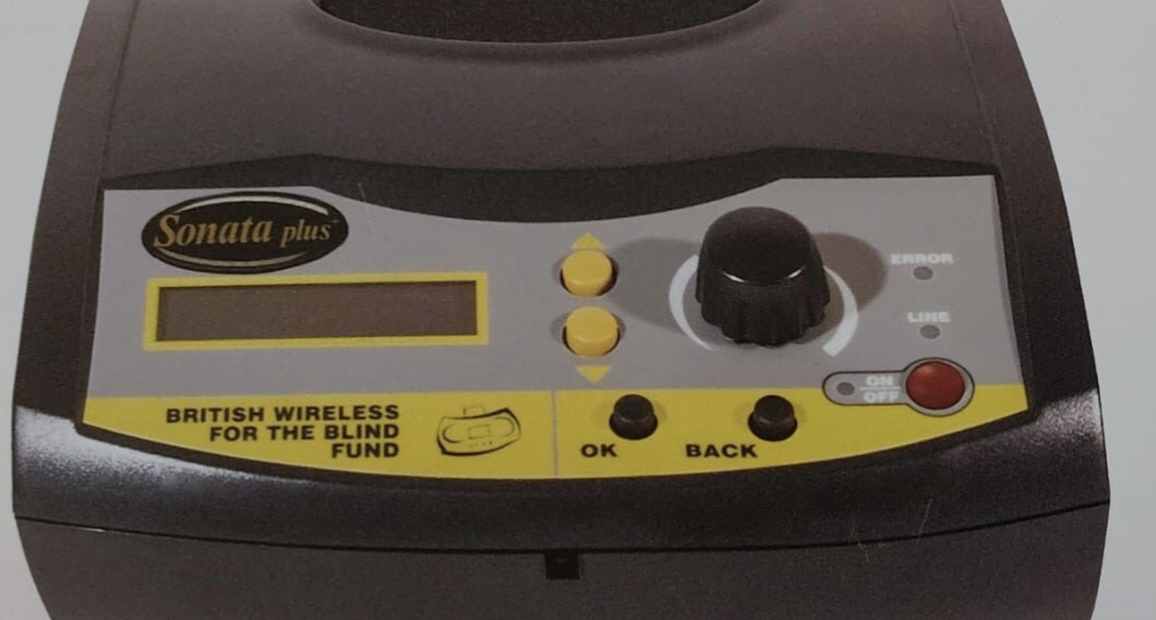 BWBF's Sonata Plus internet radio player. The device is grey and yellow with simple controls.