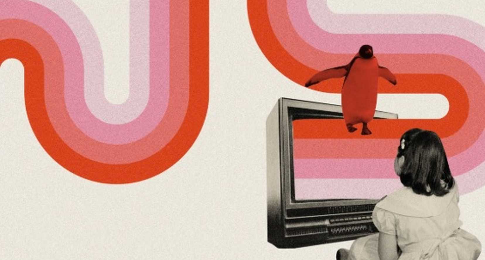 black and white illustration of a young girl from the 50s staring at a television. pink and red swirls are coming out of the screen. a penguin dances on top. This is the graphic illustrating the exhibition.