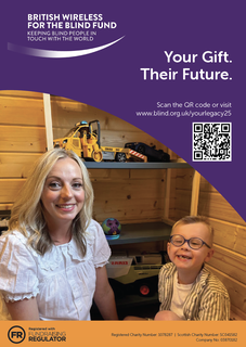 A picture of the cover of our legacy appeal leaflet. The headline reads 'Your Gift. Their Future'. A boy and his mother are photographed alongside his Echo Dot from BWBF.