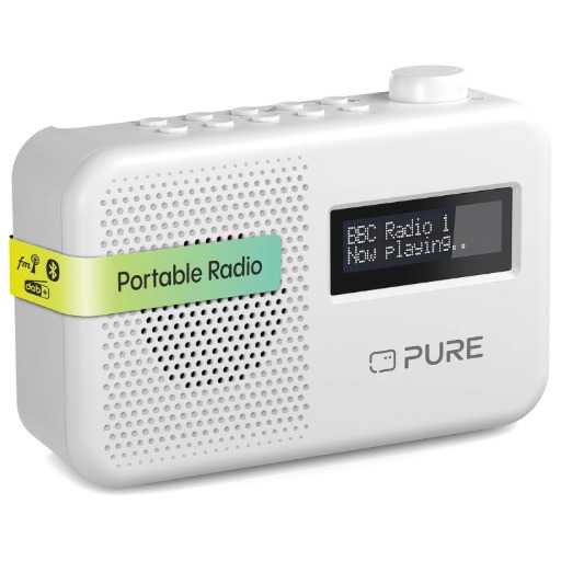 A white rectangular radio with simple buttons and tuning knob at the top. The radio has an LCD display at the front.