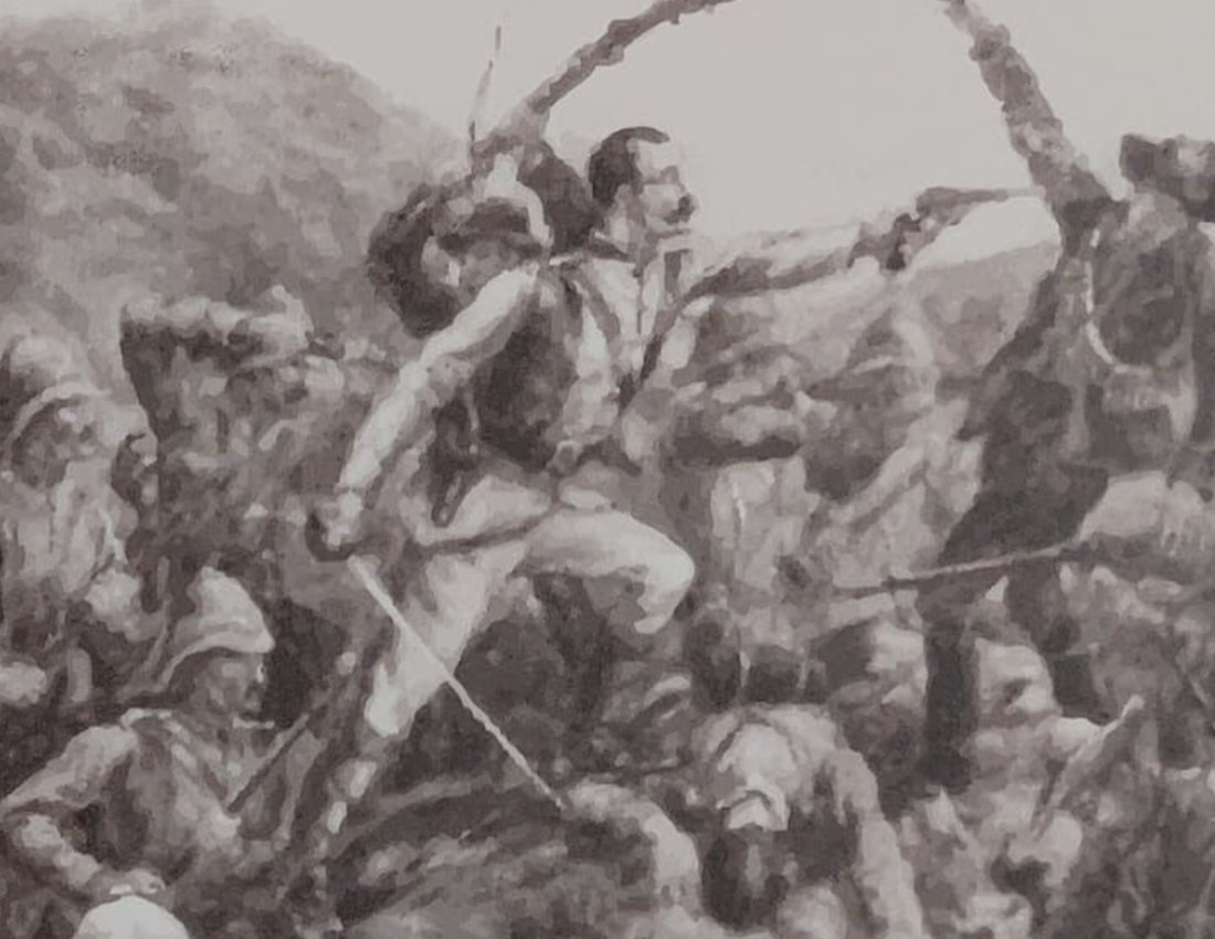 A drawing of Sir Captain Towse on the battlefield where he was wounded, leading to him losing his vision.