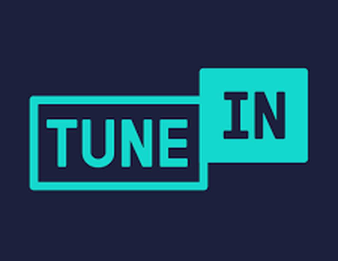 The TuneIn Radio logo depicts the words 'Tune In' in turquoise and dark blue'