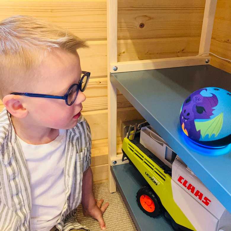 A boy, Riley, sits next to a shelf with his Echo Dot Kids smart speaker on it.