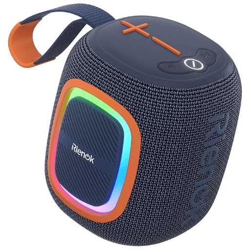 A cuboid speaker with prominent plus and minus buttons on top. The front emits a blue light. The speaker has a cloth handle.
