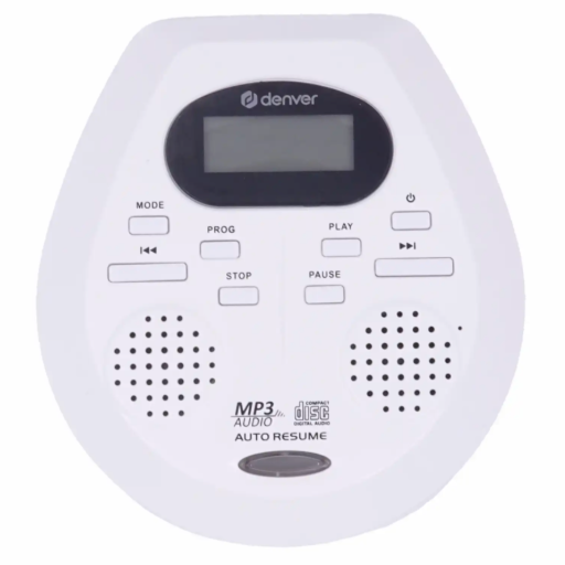 A white portable CD player, with an LCD display and a number of playback buttons.