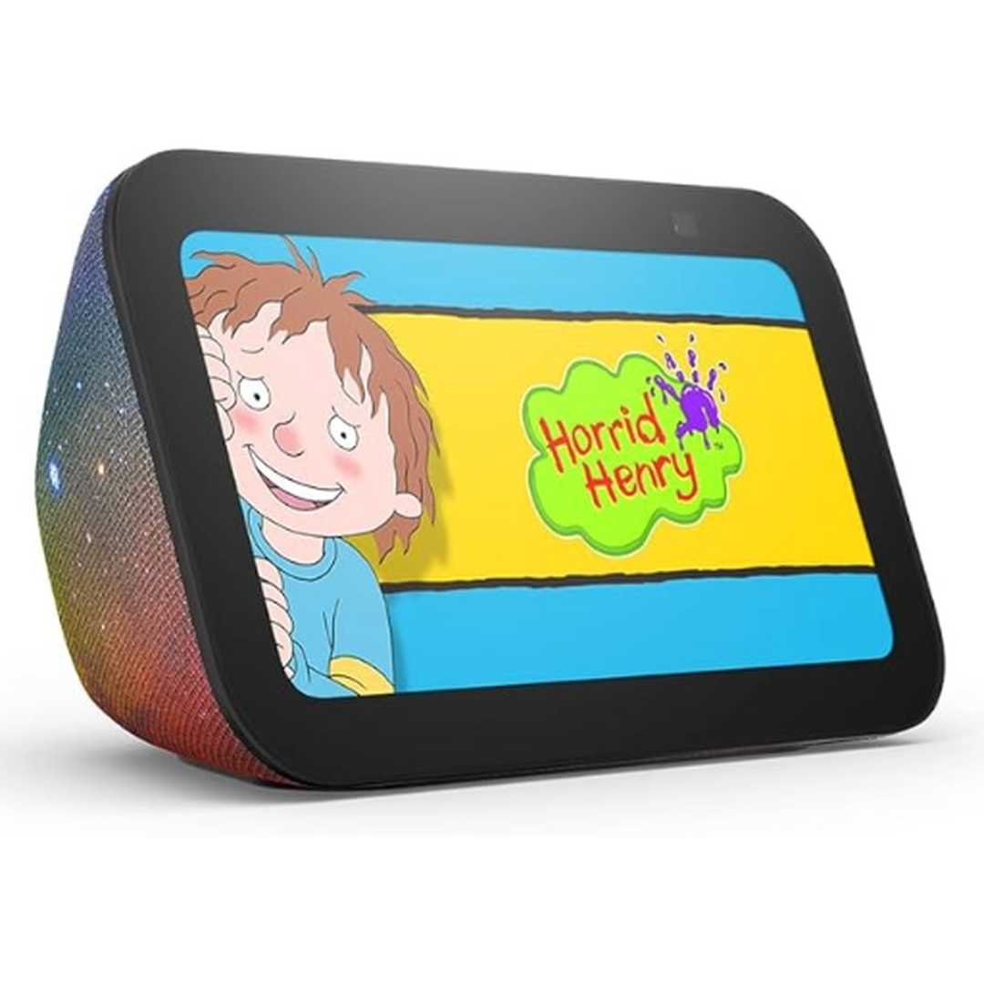 The Amazon Echo Show Kids smart speaker with a screen displaying a cartoon image.