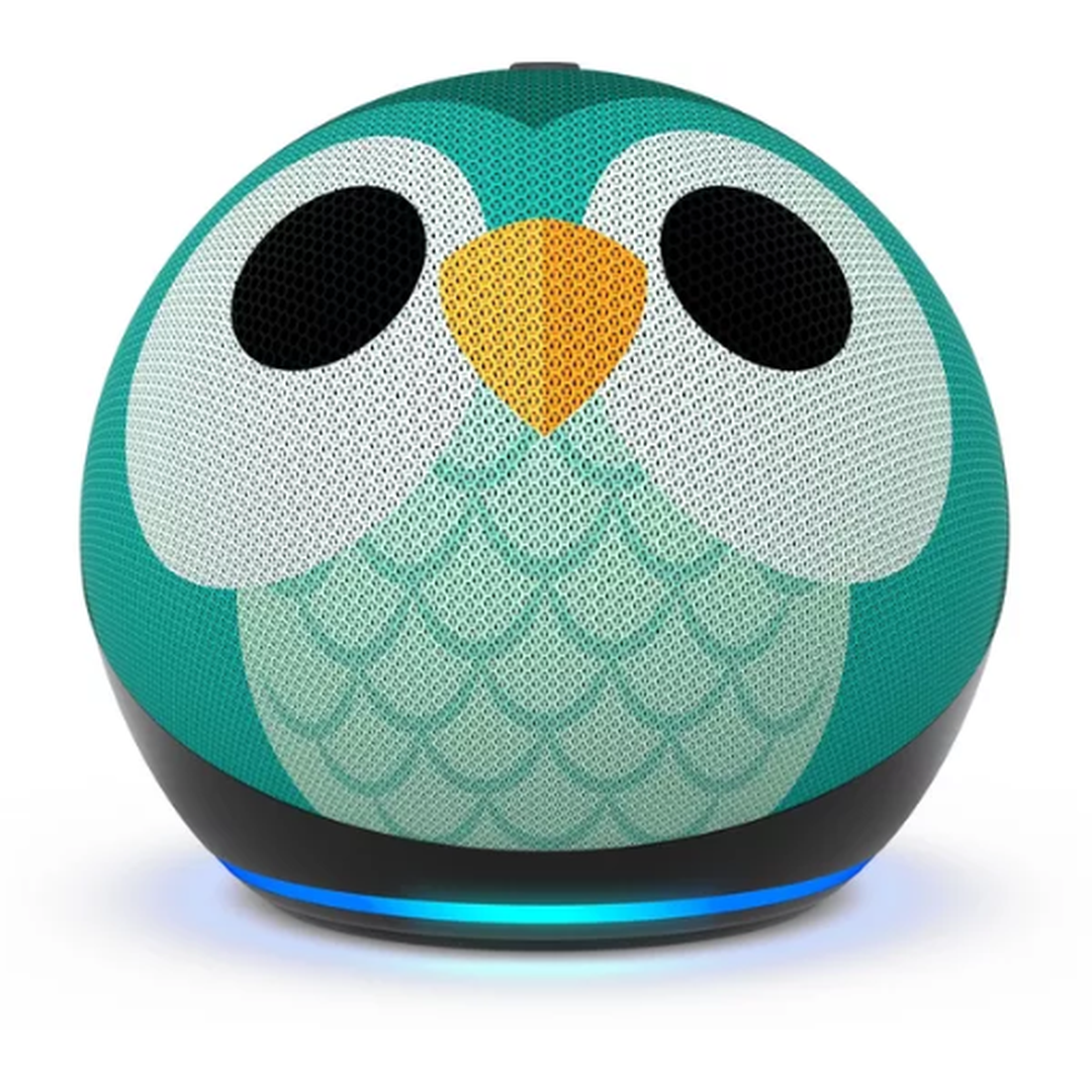 The Amazon Echo Dot Kids smart speaker. A spherical speaker featuring a turquoise owl design and emitting a blue-turquoise light from its base.